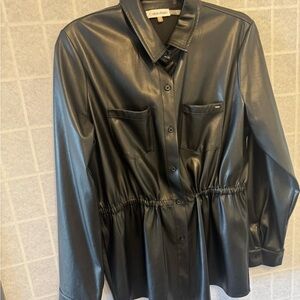 Calvin Klein Black Leather blouse Classic Collar Fitted
